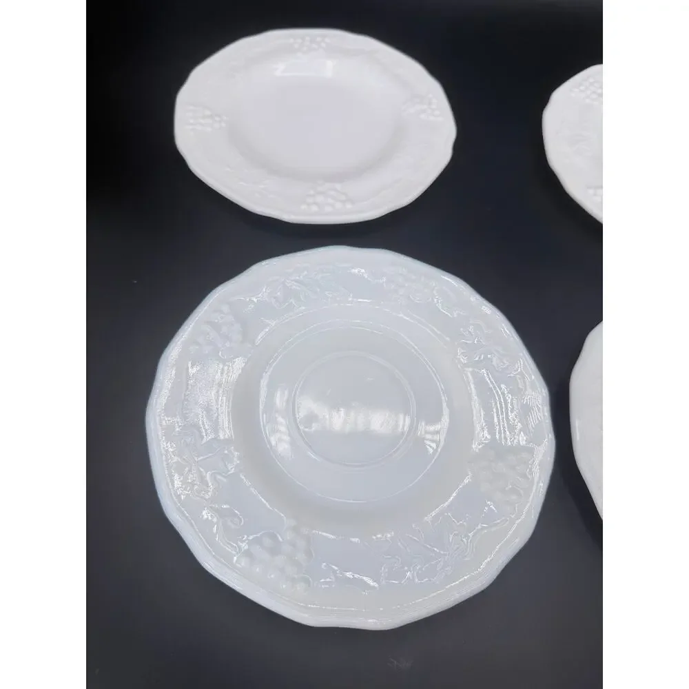 Vintage Indiana Glass Colony Harvest Grape Milk Glass Saucers Set 4 6.25in